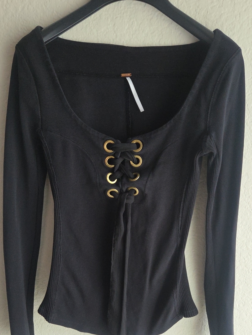 Free People Black Long-Sleeve Lace-Up Top with Gold Eyelets